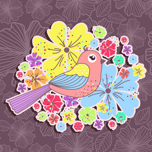 鸟与花紫色背景上的美丽的图案卡