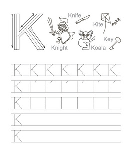 字母 k.学习书法在深蓝色练习书写工作表上写白色字体.