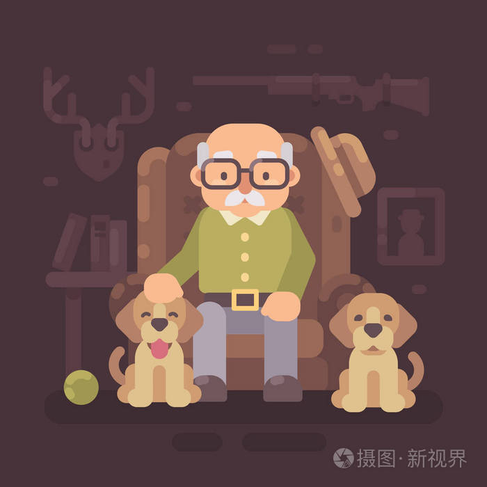 老人坐在扶手椅上与他的两只狗.高级猎人和小狗坐在一起.祖父平的例证