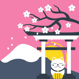 富士山日本门樱花幸运猫粉红色背景矢量图像