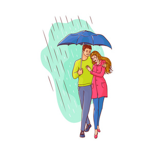 矢量卡通情侣走在雨伞下