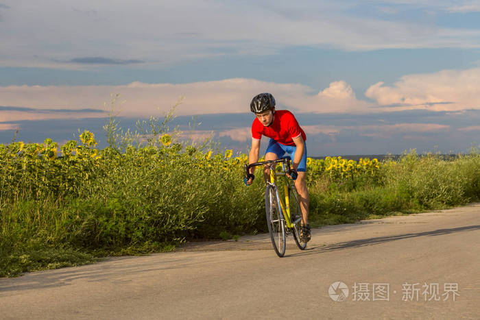 骑自行车的骑车骑在路边的脚踏车上, 沿着向日葵