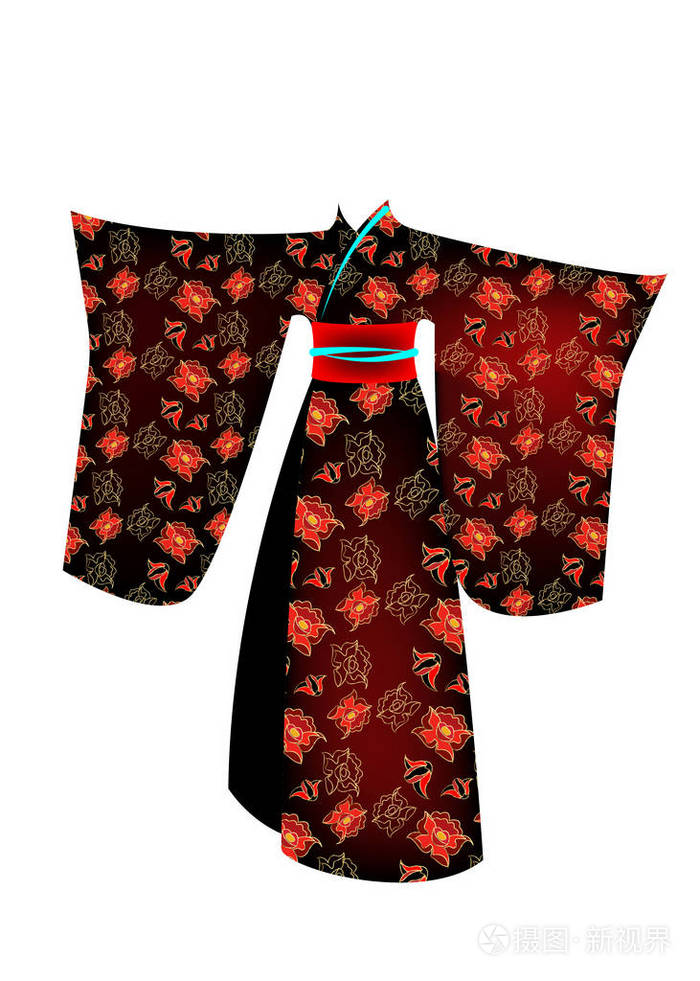矢量插画日本传统艺伎服装和服与金花图案.