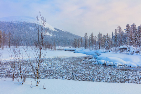 冬季景观河与山滑雪场