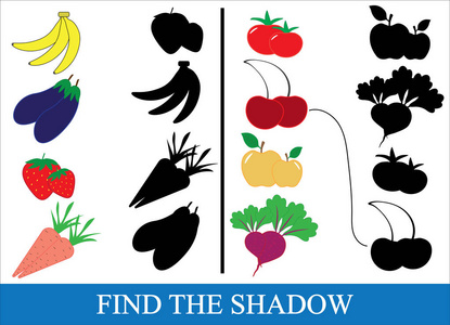 找到正确的对象的蔬菜, 浆果和水果的阴影.学龄前儿童游戏照片