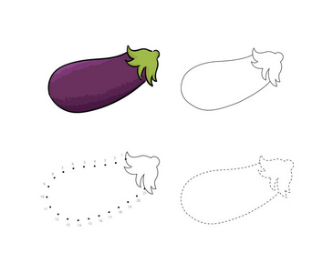 矢量套装紫色营养茄子儿童画。儿童蔬菜教育游戏页