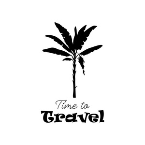 在白色背景下绘制的矢量黑色香蕉棕榈剪影的热带标志符号。时间旅行徽标设计模板