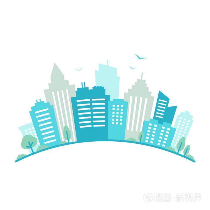 城市鱼眼镜头风格全景 城市景观 蓝色城市剪影看法 城市景观的扁平风格 现代圆形城市景观 景观背景插画 正版商用图片0fr8ws 摄图新视界