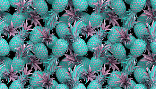 3d. 渲染绿色粉彩菠萝无缝图案, 适合夏季娱乐背景。色彩鲜艳的时尚海报