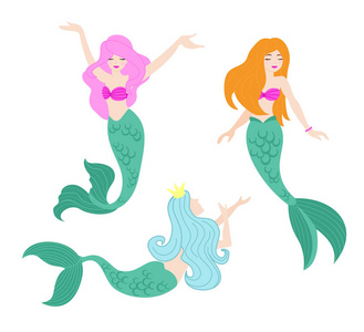 矢量插画集, 美丽的游泳美人鱼与粉红色, 蓝色和橙色的头发在不同的姿势在平面卡通风格