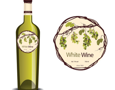 白葡萄酒和样品的标签放在瓶子里