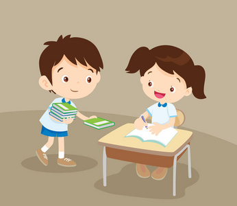 可爱的学生男孩给朋友的一本书照片