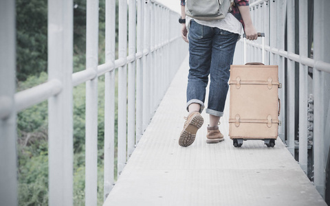 时髦旅行女人拖复古箱包上桥