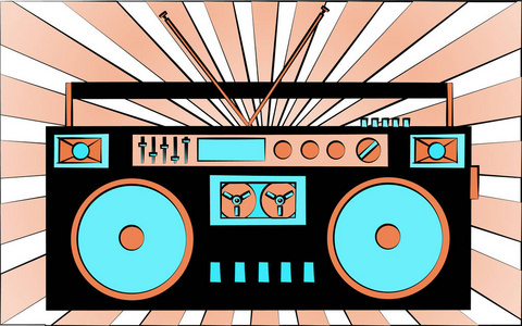 旧的黑色复古复古古董时髦过时的卡式音乐录音磁带录音机反对橙色射线