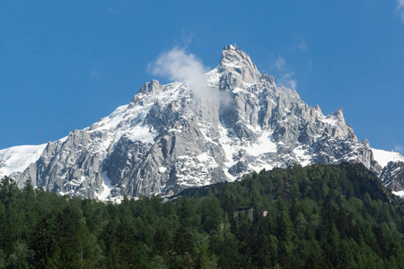 山峰与雪在法国阿尔卑斯山，万宝龙在夏天