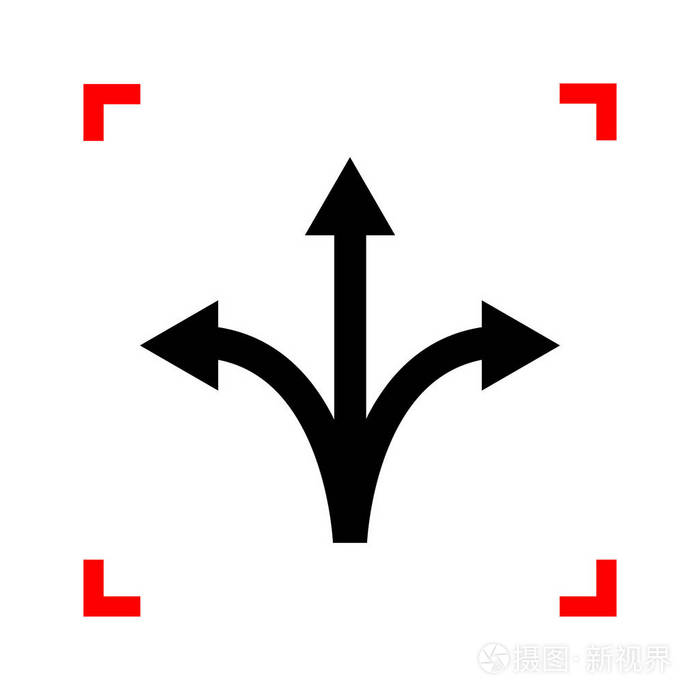 三路方向箭头标志.在焦点上 w 的角落里的黑色图标