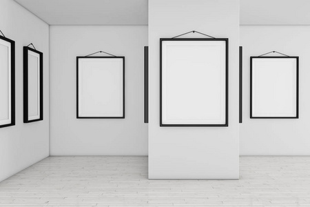 艺术画廊博物馆用白色空白标语牌样机框架。3d 重