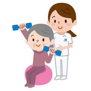 动物康复中心老年人坐在运动球上举起哑铃照片