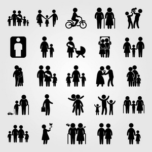 人向量图标集合。母亲与婴孩, 大家庭, 孩子骑自行车和人
