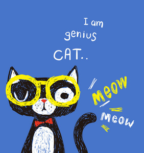 蓝色背景下黄色玻璃中可爱天才猫的矢量图解设计照片