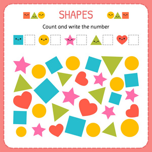 计数并写出数字。学习形状和几何数字。学前或幼稚园工作表
