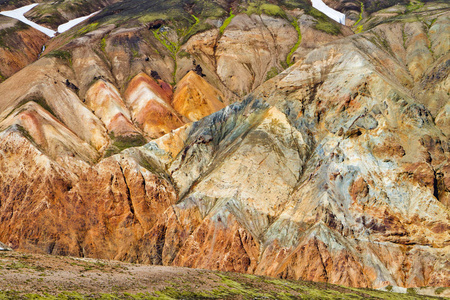 冰岛山风景。Landmannalaugar geotermal 地区五颜六色的山脉。Laugavegur 足迹的其中一个部分