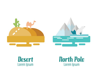 沙漠和北极景观。平面设计元素。矢量 il