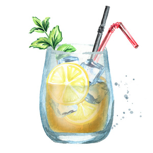 一杯柠檬冰茶.水彩手绘插画照片