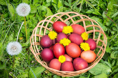 复活节彩蛋在篮子里。复活节快乐，基督教学
