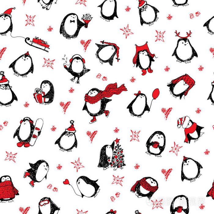 可爱的手绘制的企鹅图案