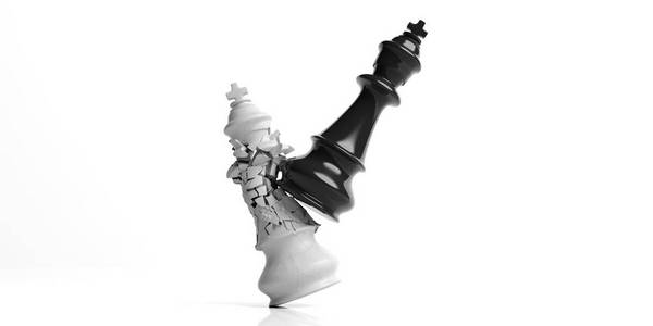 白棋王打破了黑色的国王, 孤立的白色背景。3d 插图