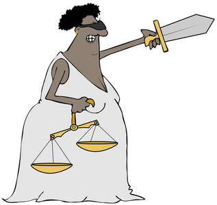 一个黑人女子正义的插图, 蒙上眼睛, 携带剑和携带鳞片