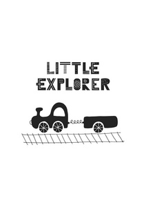 小探险家可爱的手画托儿所海报与字母和汽车在斯堪的纳维亚风格