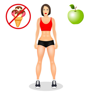 与合适的女人在运动服的健身理念。肌肉模型卡通女孩。有用的和有害的食物。孤立在白色背景上的矢量图