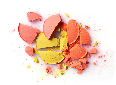 橙色和黄色坠毁的眼影化妆美容产品的样品作为