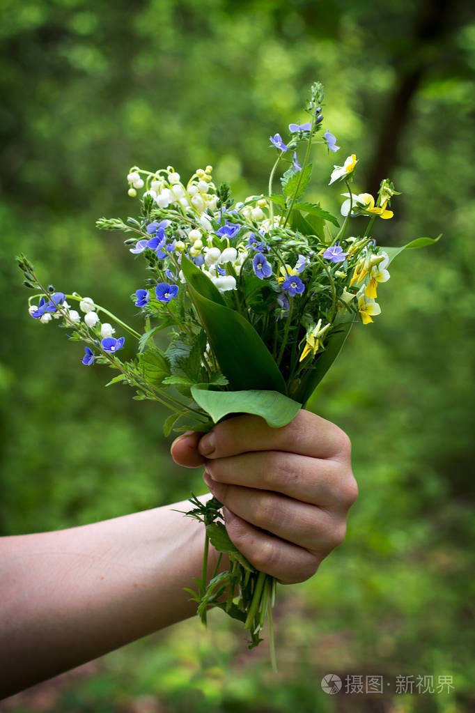 一束百合花的山谷和森林紫罗兰在一个女人的手