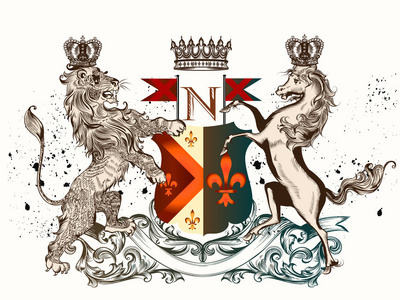 矢量纹章插图老式风格与盾牌狮子