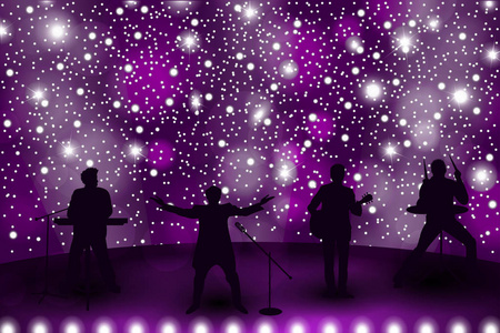 乐队表演概念与紫光和明星。一整套的音乐家 歌手 舞者的身影。矢量图