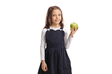 可爱的小女孩抱着一个苹果和微笑孤立的白色背景