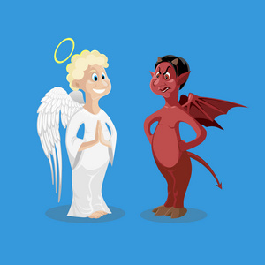 吃一个苹果和巧克力之间的恶魔与天使,在白色的年轻人恶魔和天使在