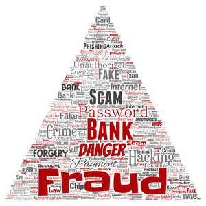 银行, 诈骗, 付款, 骗局, 危险三角形箭头字云在白色背景下隔离