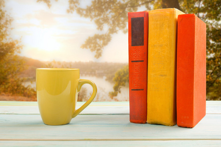 学校堆栈堆栈的五彩斑斓的图书和自然模糊背景上的木桌上的杯子.