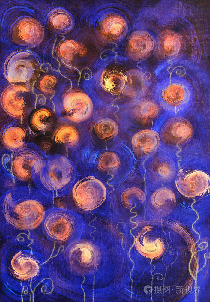 在蓝色背景上抽象出橙色的花朵。由于纸张表面粗糙度的改变, 涂抹技术给出了一个软聚焦效应。