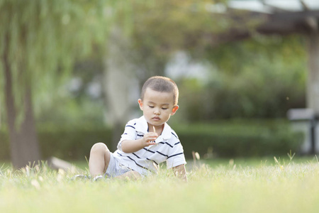快乐学汉语，宝贝男孩在草地上玩