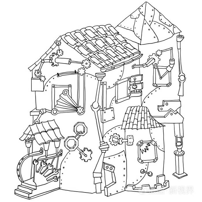 插画 不寻常的建筑由金属齿轮和机械.创意蒸汽朋克机械对象.