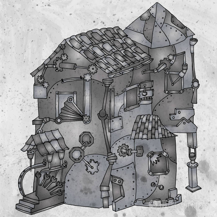 插画 不寻常的建筑由金属零件和齿轮.创意蒸汽朋克机械对象.