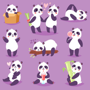 熊猫载体强健或中国熊与竹子在爱演奏或睡眠例证套大熊猫读书或吃冰淇淋在背景下隔绝