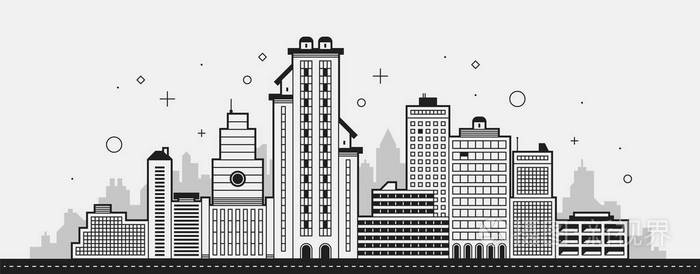 插画 现代城市例证.白色背景的黑白轮廓风格的塔楼和建筑物.eps
