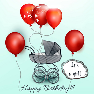 生日贺卡与红气球和婴儿车