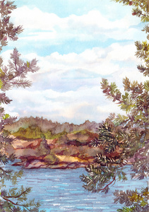 景观的北自然观岩岸 湖和松树树